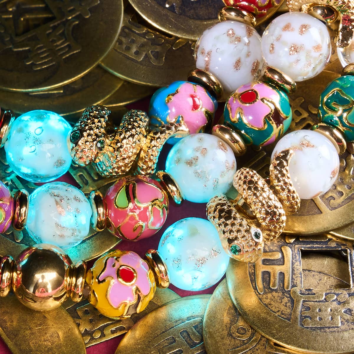 Cloud Dragon | Enamel Lotus | White Firefly Glass Serpent Bracelet - Image 6