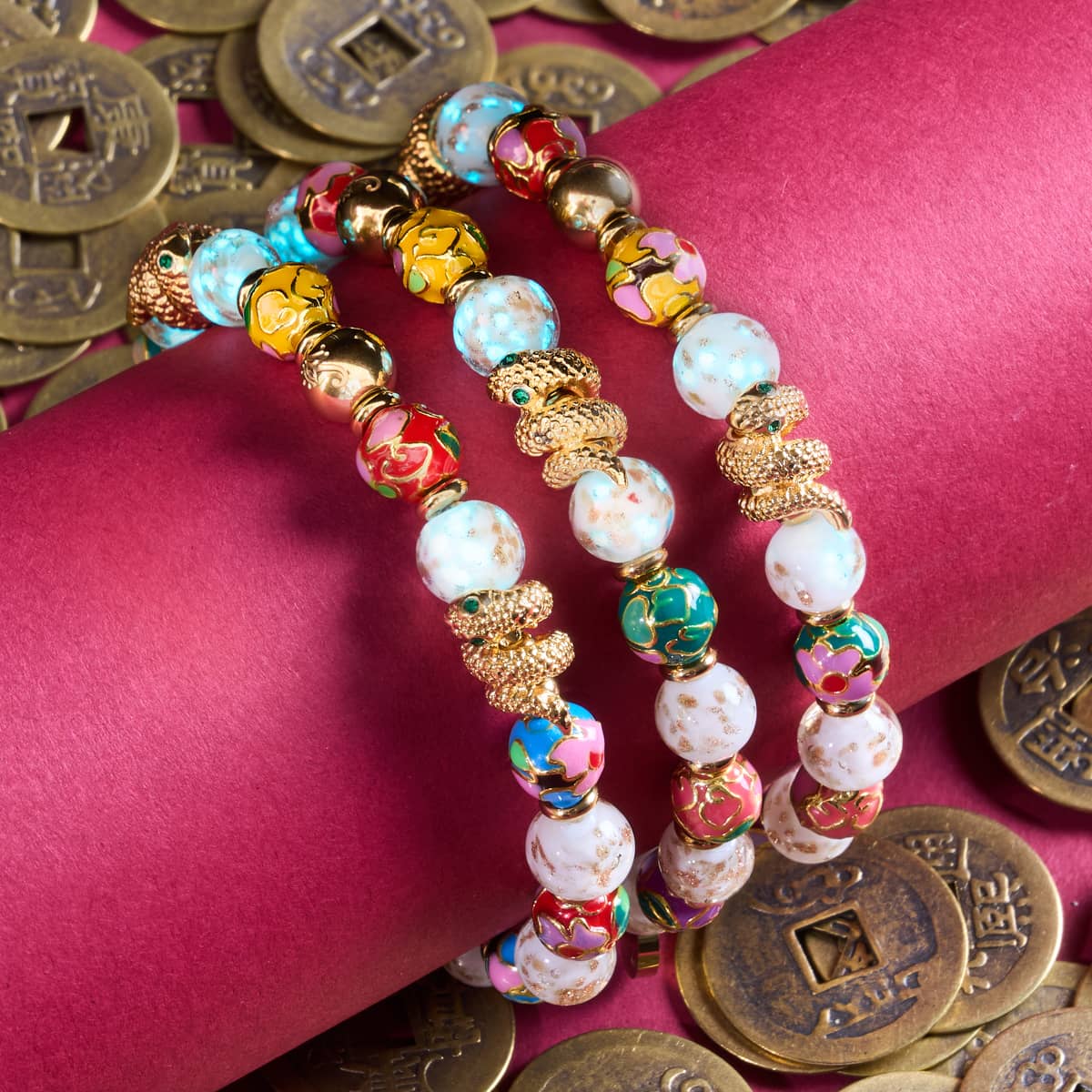 Cloud Dragon | Enamel Lotus | White Firefly Glass Serpent Bracelet - Image 9