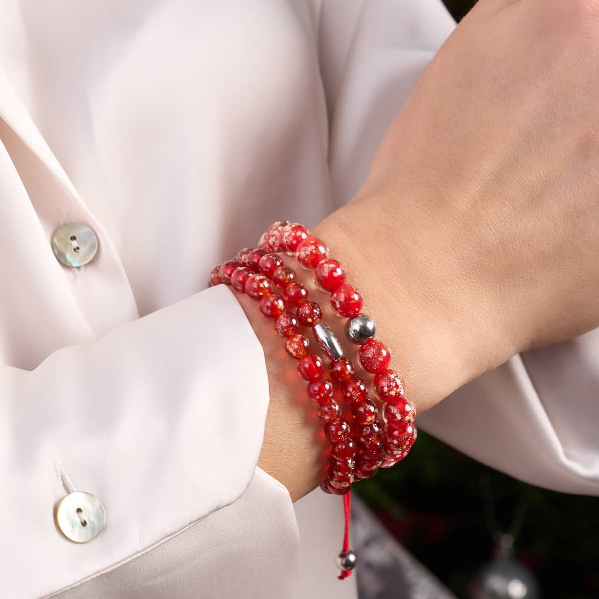 Crimson | Silver | Firefly Glass Macrame Bracelet - Image 5