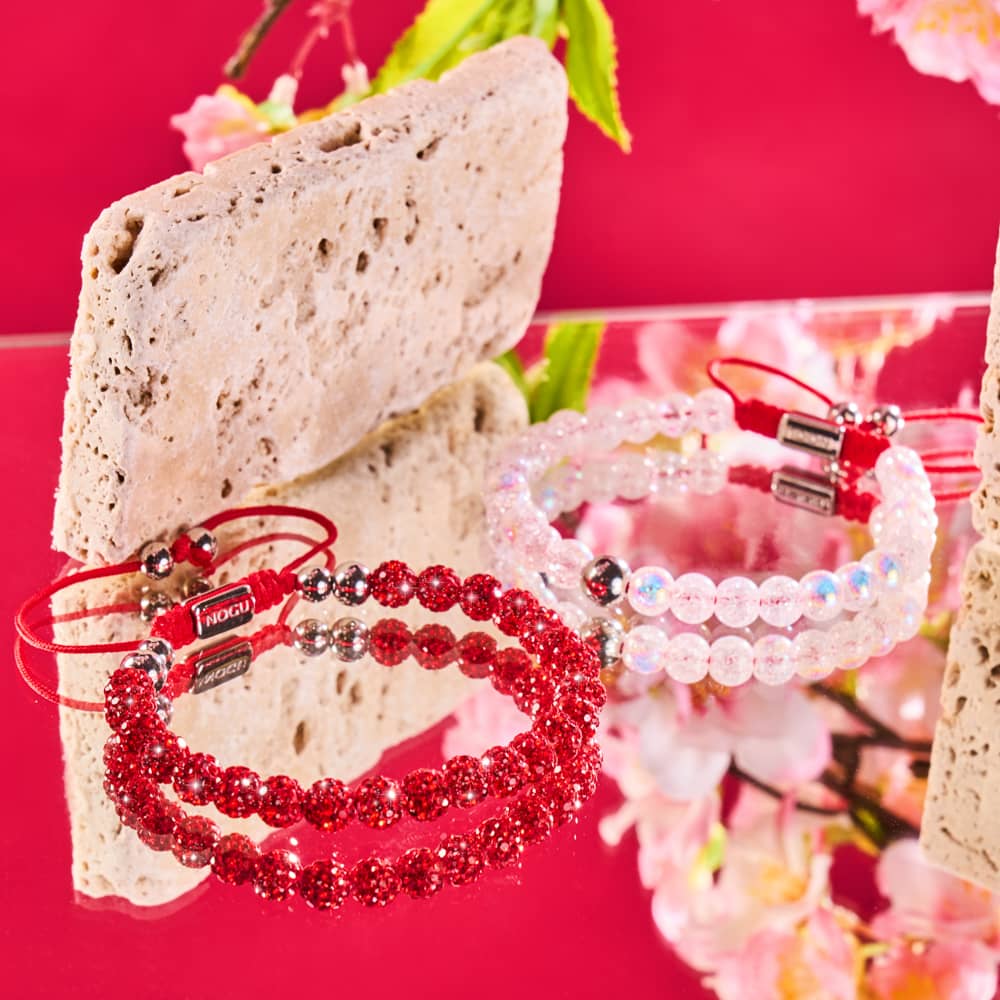 Marshmallow Chrome Glitter Glass x Red String Bracelet - Image 3