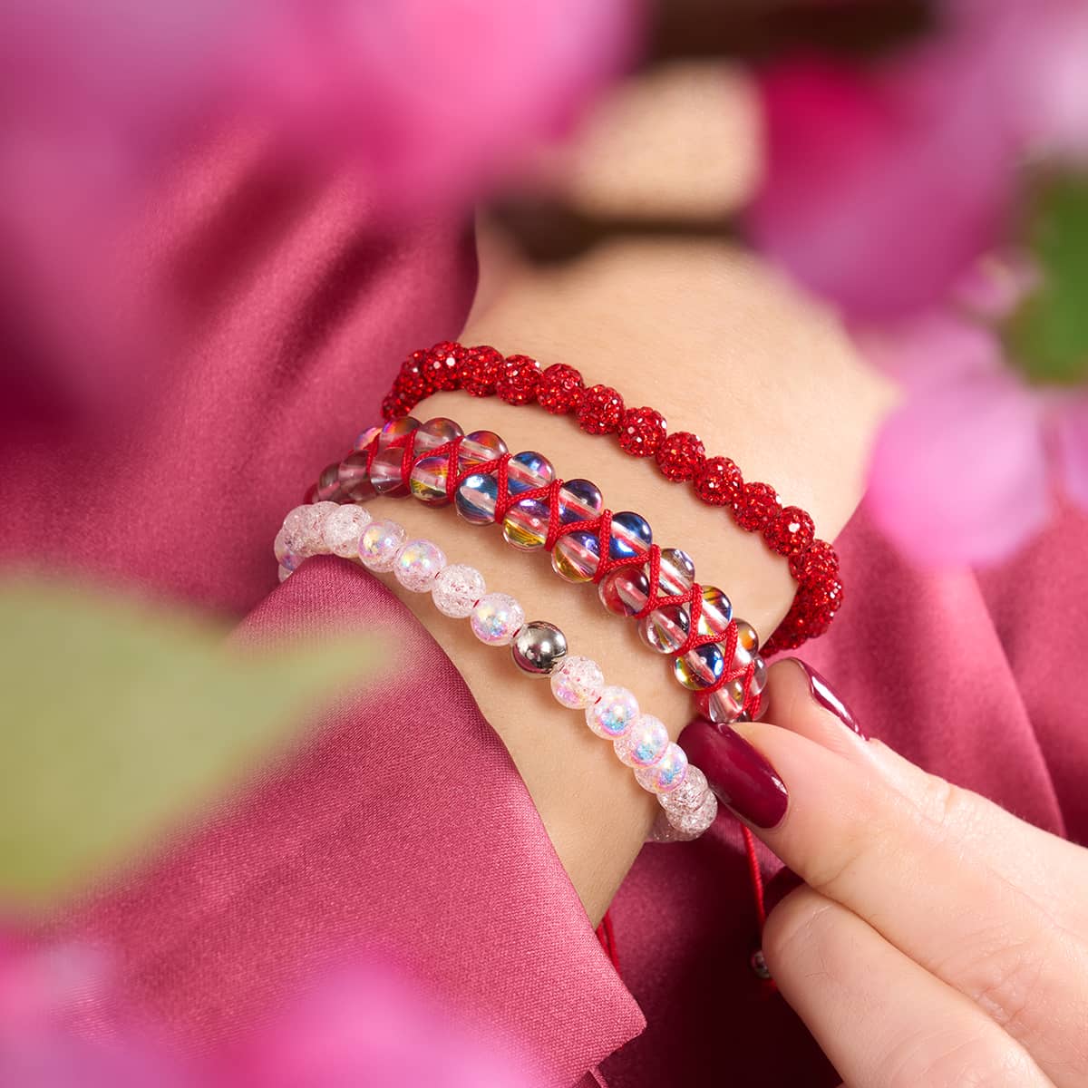 Marshmallow Chrome Glitter Glass x Red String Bracelet - Image 6