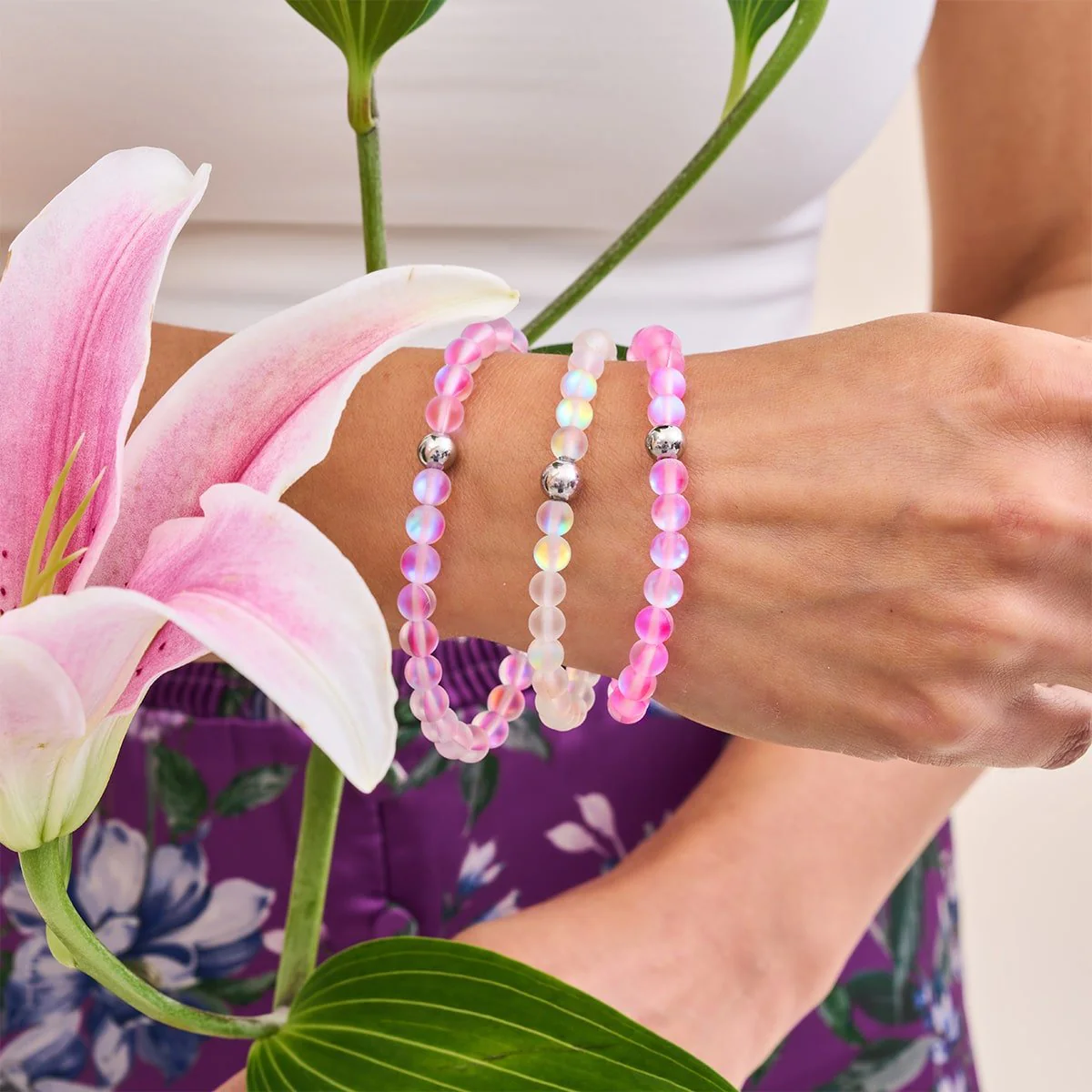 Pink | Silver | Mermaid Glass Bead Bracelet - Image 6
