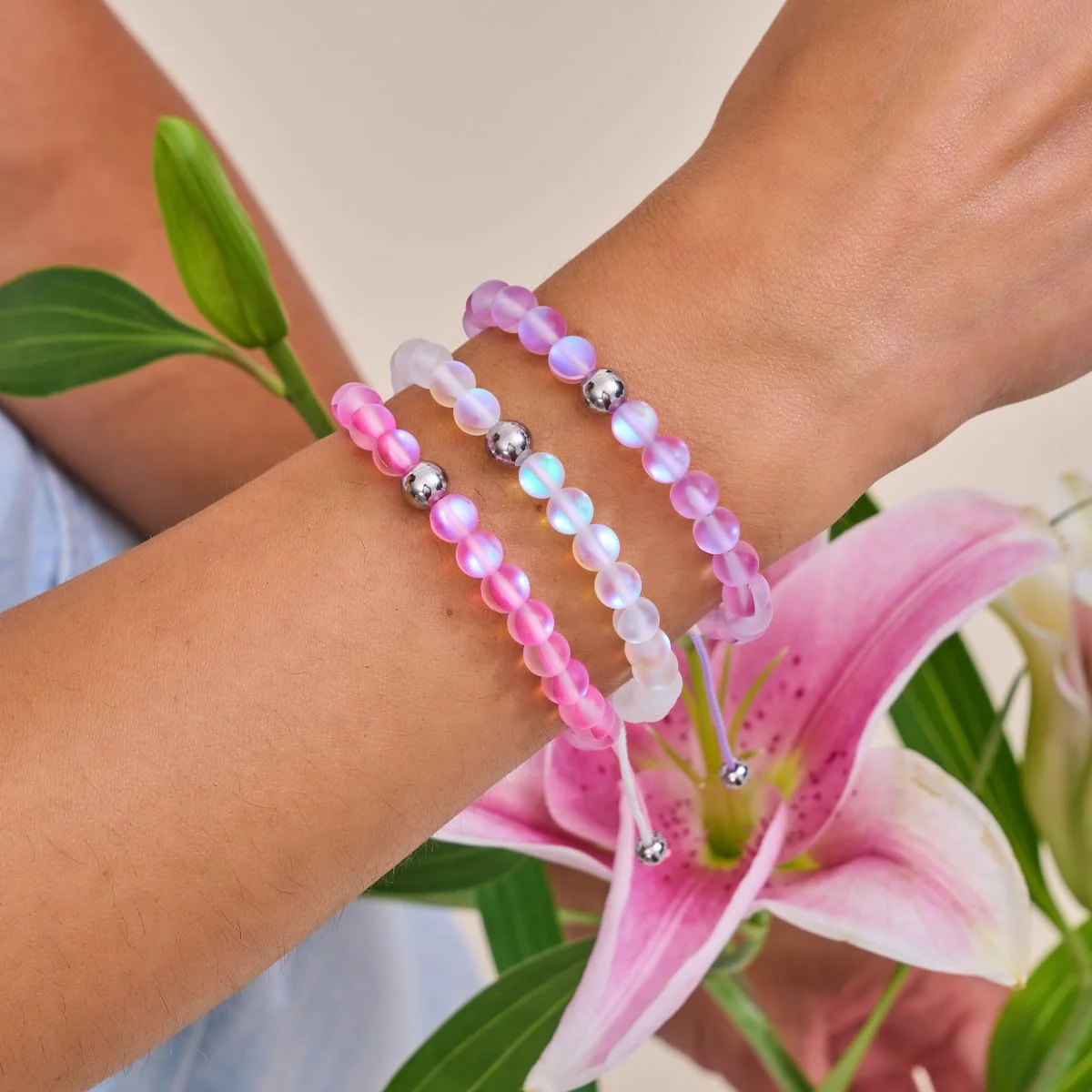Pink | Silver | Mermaid Glass Macrame Bead Bracelet - Image 4