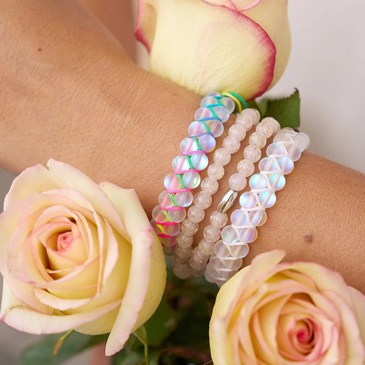 Rainbow White | Silver | Double Mermaid Glass Bracelet - Image 4