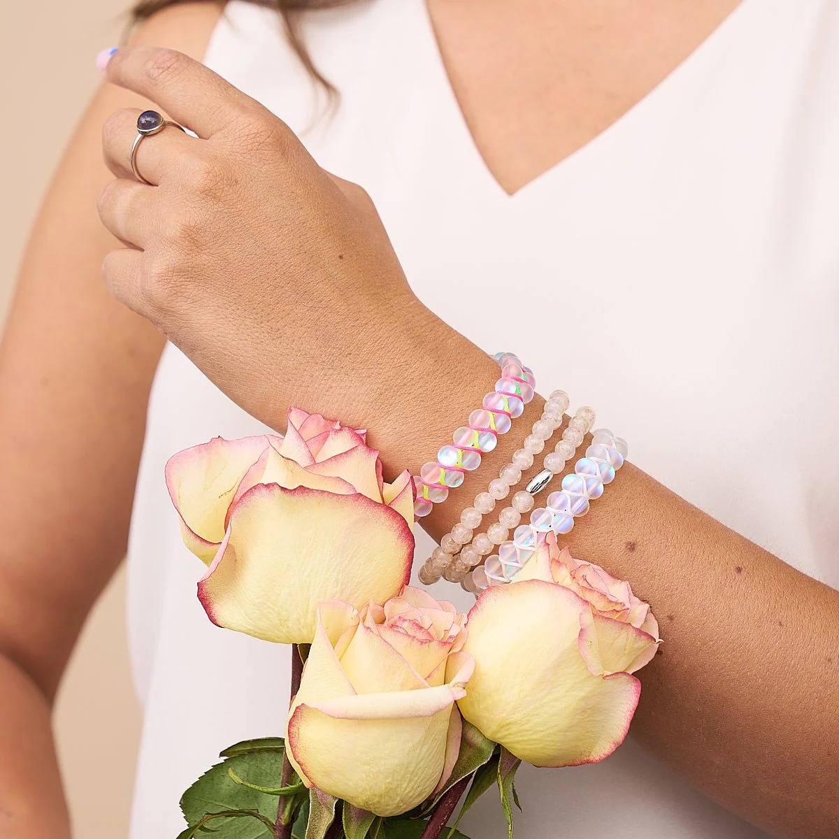 Rainbow White | Silver | Double Mermaid Glass Bracelet - Image 6