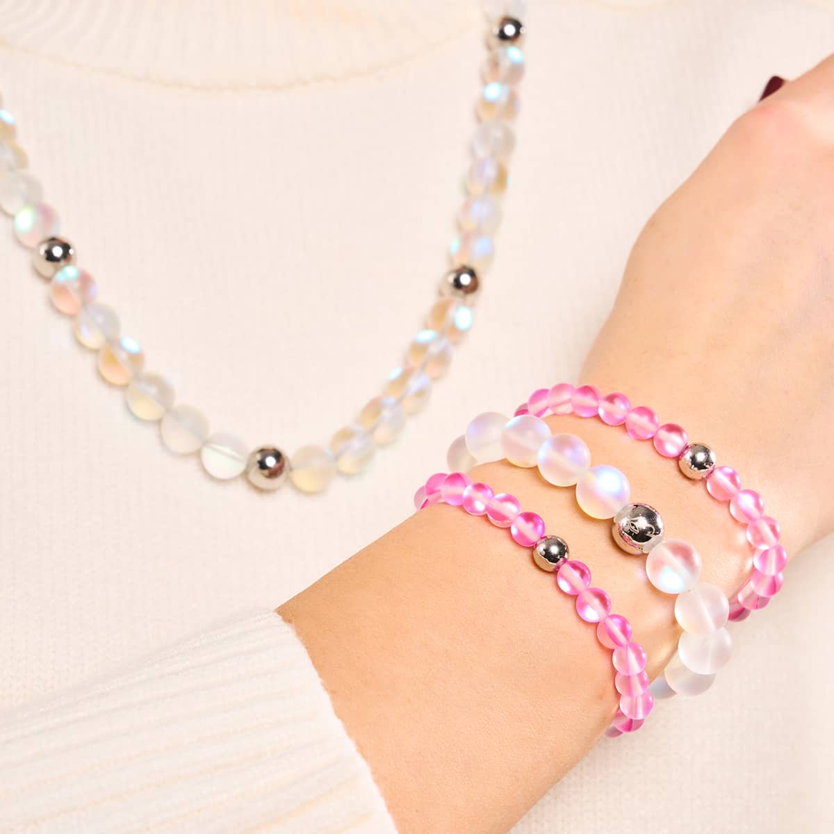 Rainbow White | Silver | Mermaid Glass Statement Bracelet - Image 6
