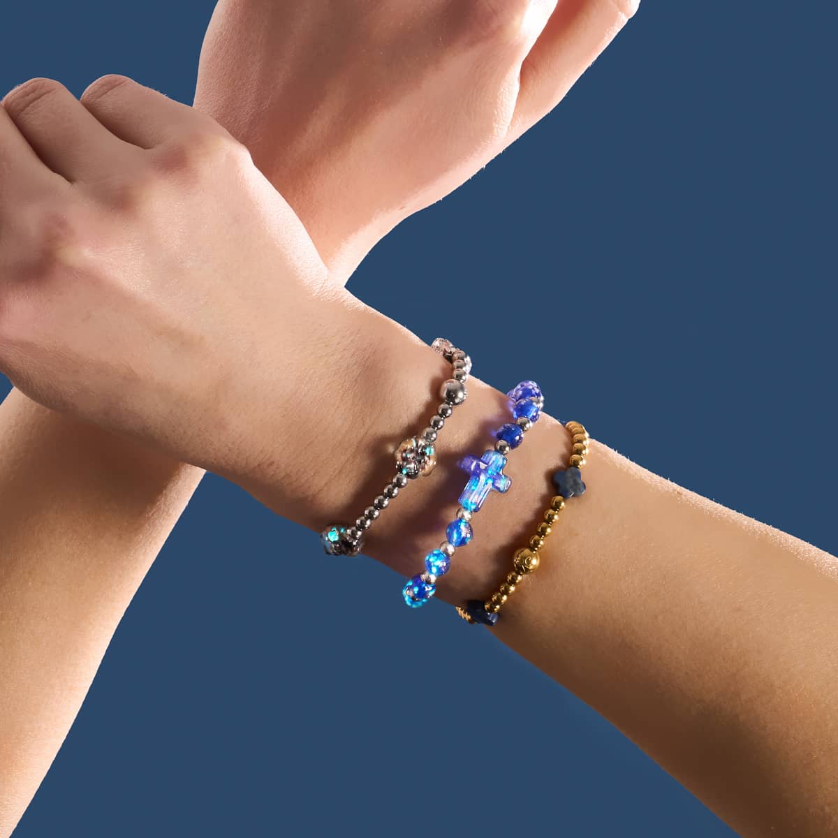 Sapphire | Silver | Firefly Glass Cross Bracelet - Image 7