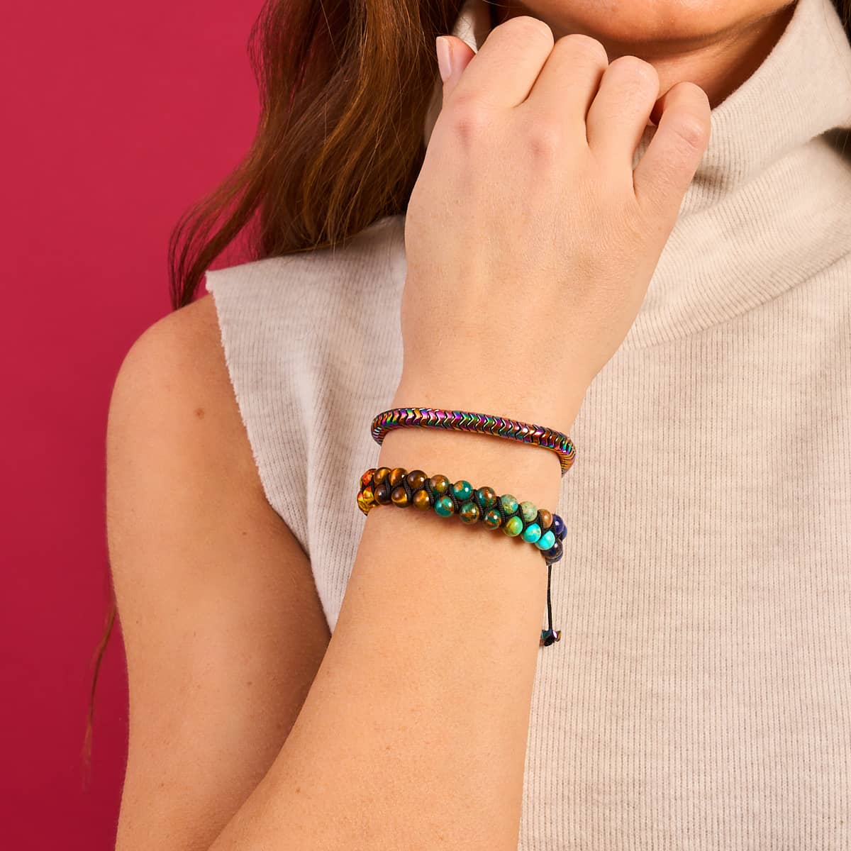 Serpentine | Rainbow Hematite x Unicorn Silver | Double Wave Bracelet - Image 11