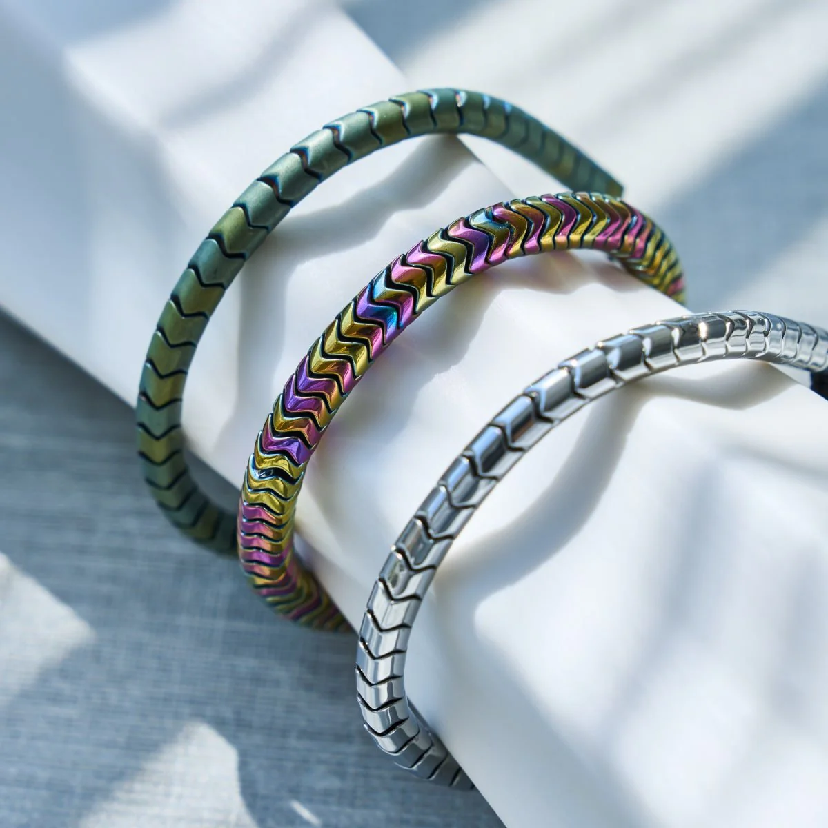 Serpentine | Rainbow Hematite x Unicorn Silver | Double Wave Bracelet - Image 6