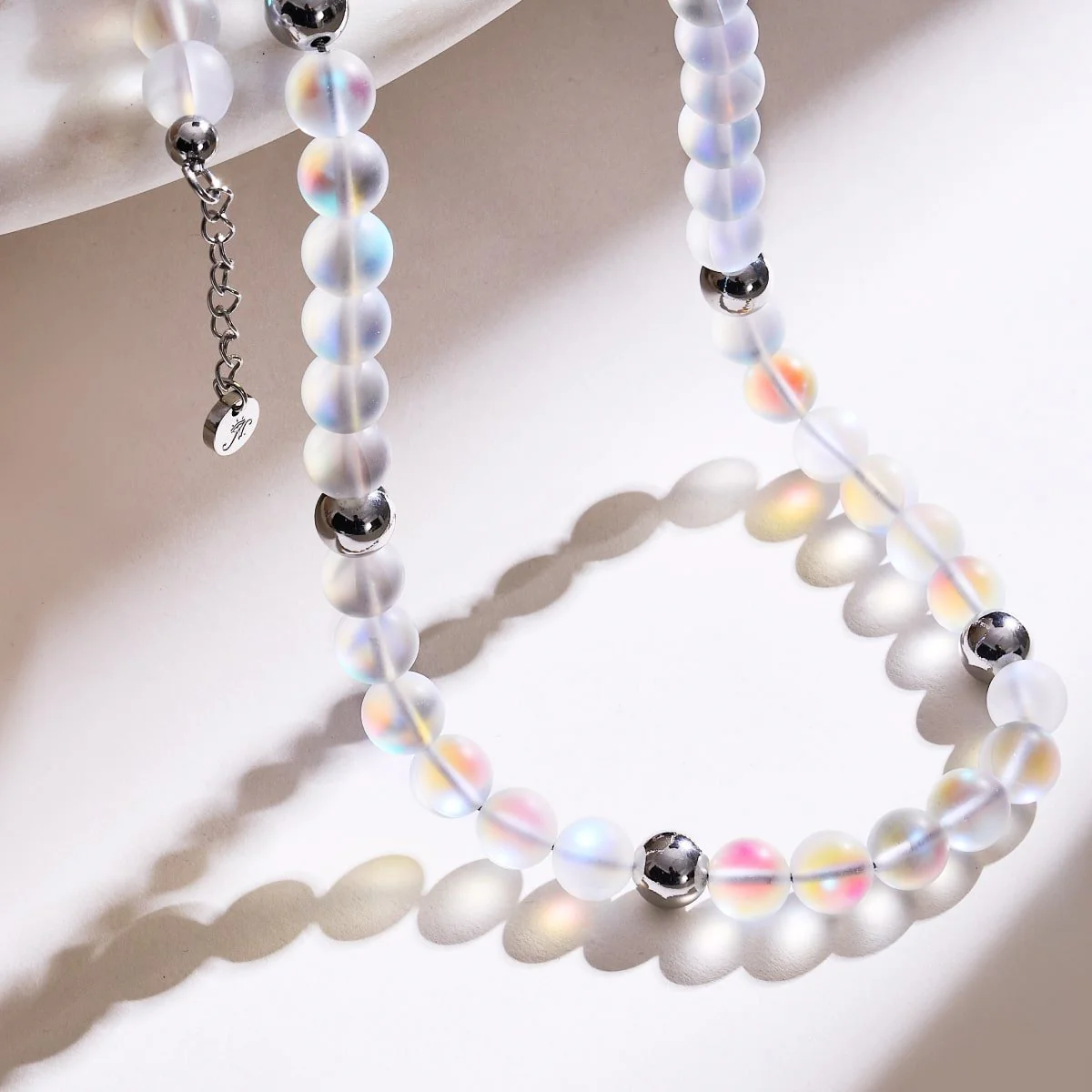 Rainbow White | Silver | Mermaid Glass Statement Necklace - Image 7
