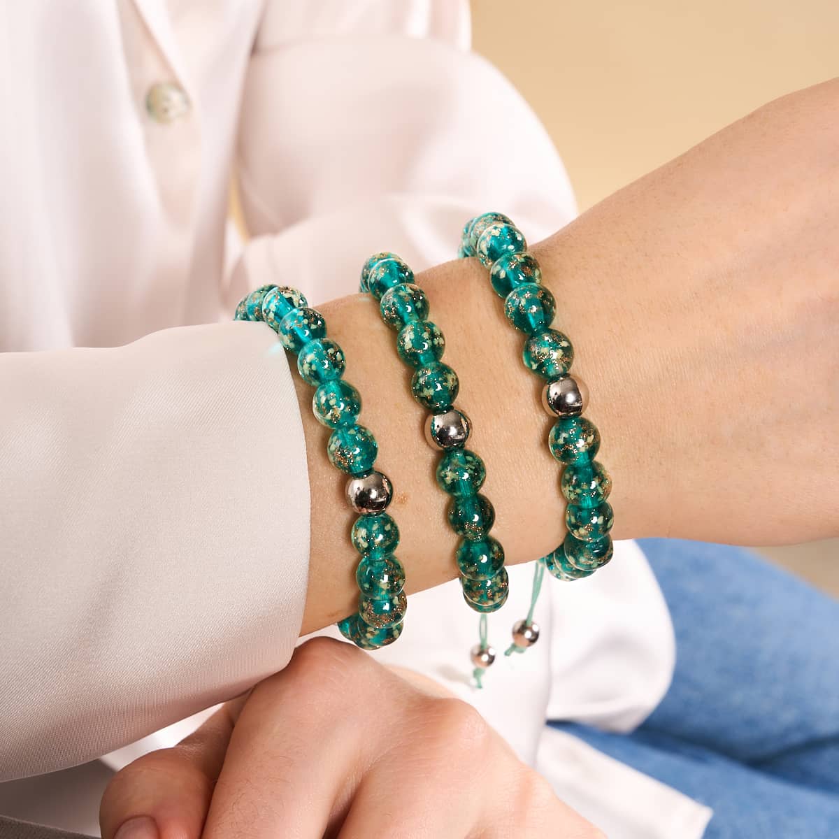 Teal | Silver | Firefly Glass Macrame Bracelet - Image 11