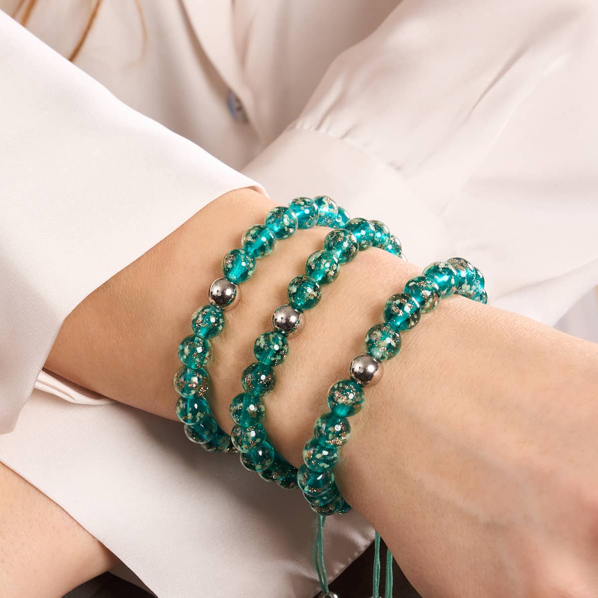 Teal | Silver | Firefly Glass Macrame Bracelet - Image 5