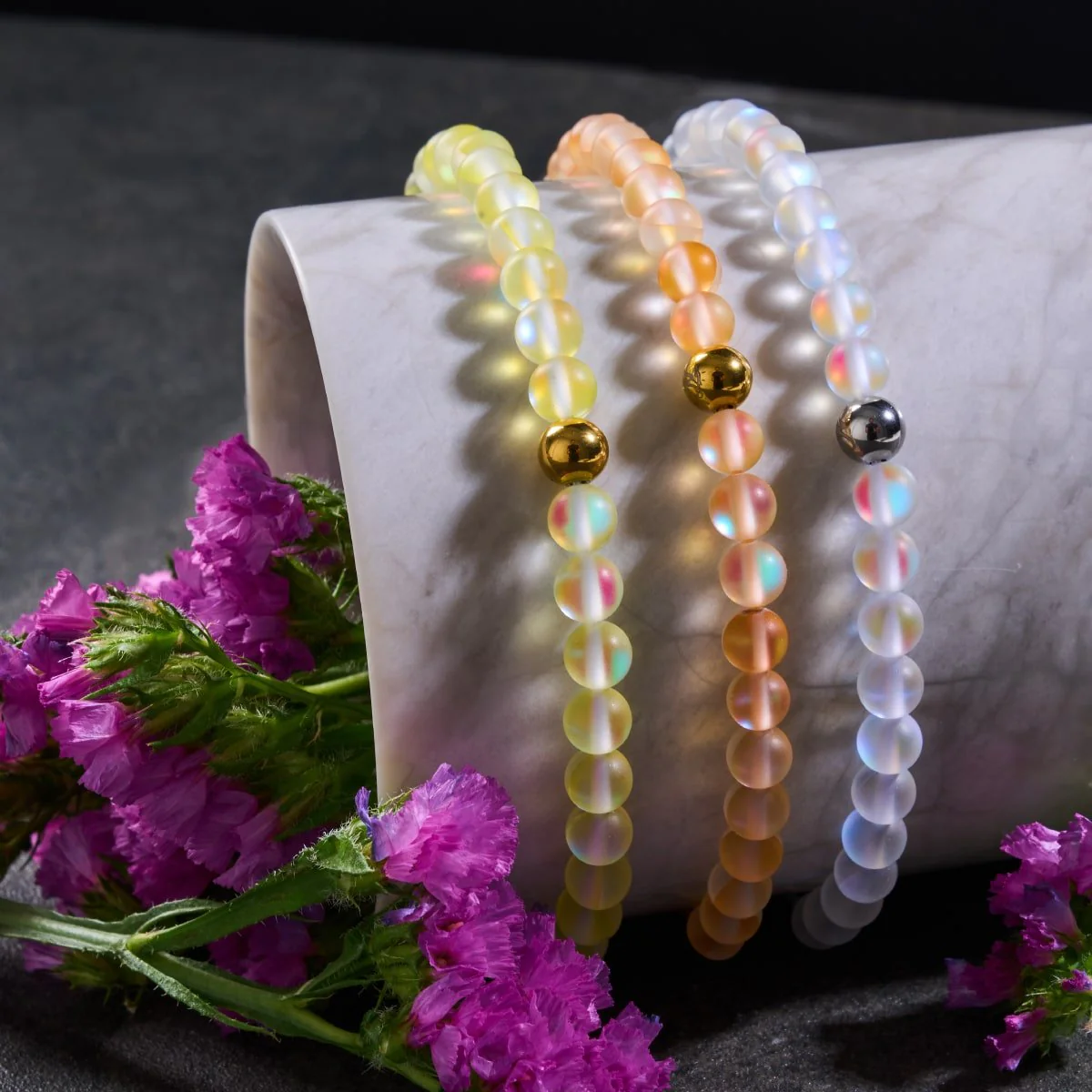 Rainbow White | Silver | Mermaid Glass Macrame Bead Bracelet - Image 4